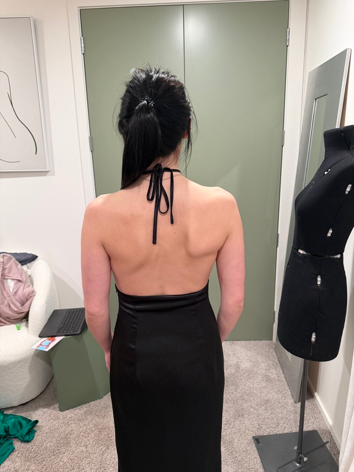 Pretty Little Thing Black Satin Halterneck Tie Neck Maxi Dress