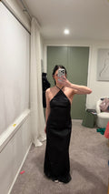 Pretty Little Thing Black Satin Halterneck Tie Neck Maxi Dress