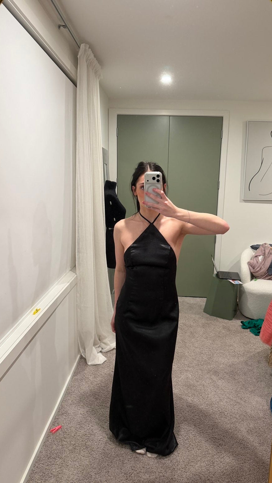 Pretty Little Thing Black Satin Halterneck Tie Neck Maxi Dress
