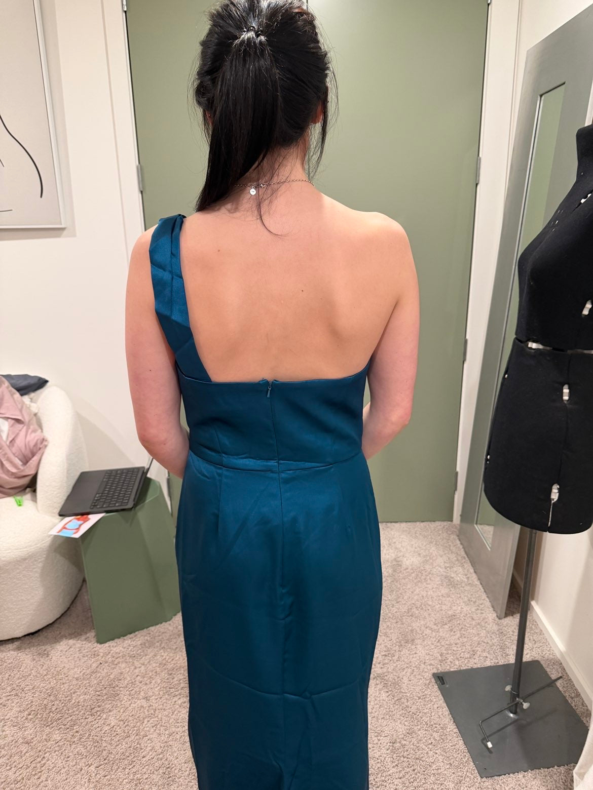 One Shoulder Draped Neckline with Ruched Waist Detailing