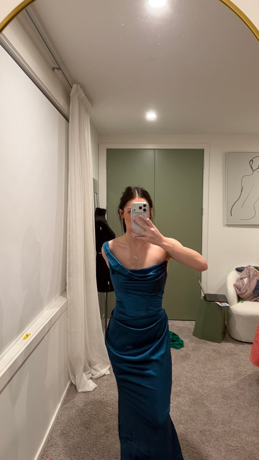 One Shoulder Draped Neckline with Ruched Waist Detailing