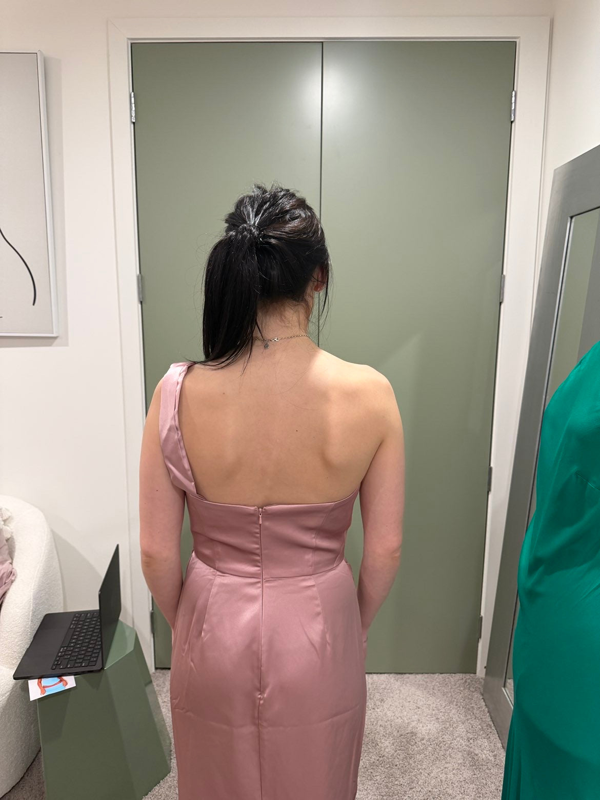 One Shoulder Draped Neckline with Ruched Waist Detailing