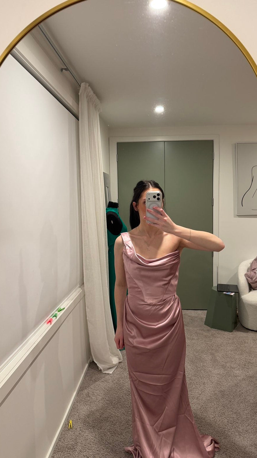 One Shoulder Draped Neckline with Ruched Waist Detailing