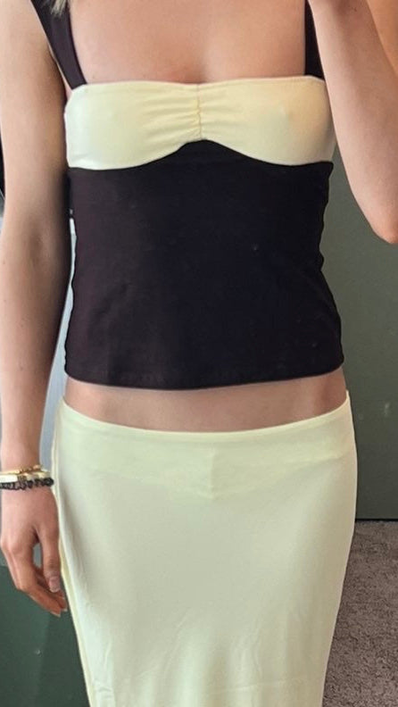Motel Lure Top in Rayon Jersey Bitter Chocolate and Lemon Yellow